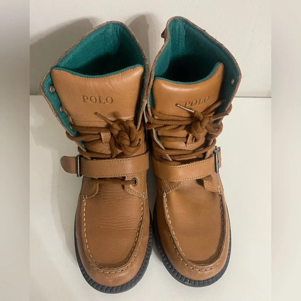 Ralph Lauren Tan Leather Ranger Buckled Lace up‎ Boots with Teal Lining Size 6